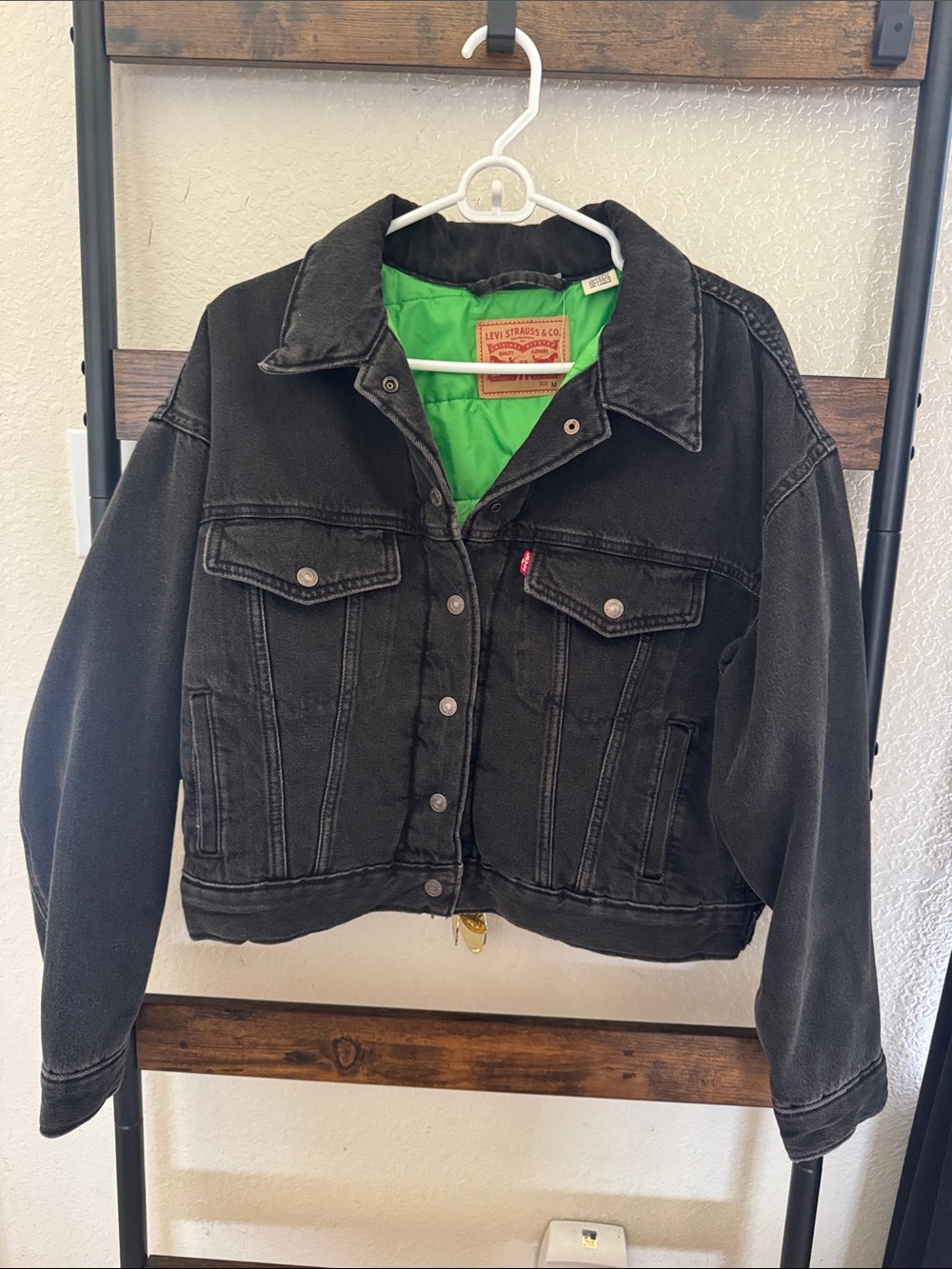 Levi's Black Denim Jacket with Bright Green Lining